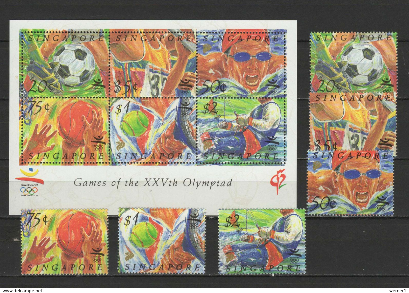 Singapore 1992 Olympic Games Barcelona, Football Soccer, Basketball, Volleyball Etc. Set Of 6 + S/s MNH - Sommer 1992: Barcelone