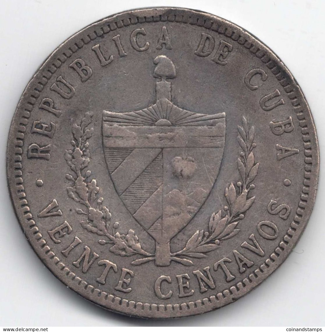 Cuba 20 Centavos (Veinte Centavos) 1915 - First Republic Cuba, KM#13.1, Kr., Randf., RARE, Ss - Kuba