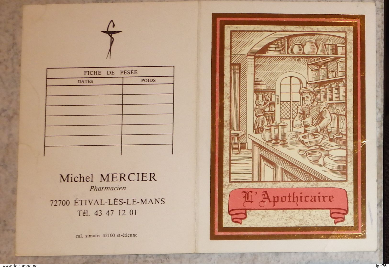 Petit Calendrier Poche 1987 Illustration Métier Apothicaire  Pharmacie Etival Les Le Mans Sarthe - Small : 1981-90