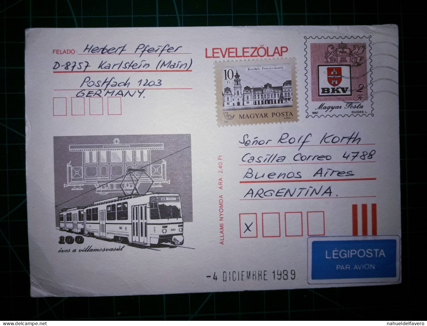 HONGRIE, Entier Postal Avec Illustration D'un Train électrique. Distribué à Buenos Aires, Argentine En 1989 - Interi Postali