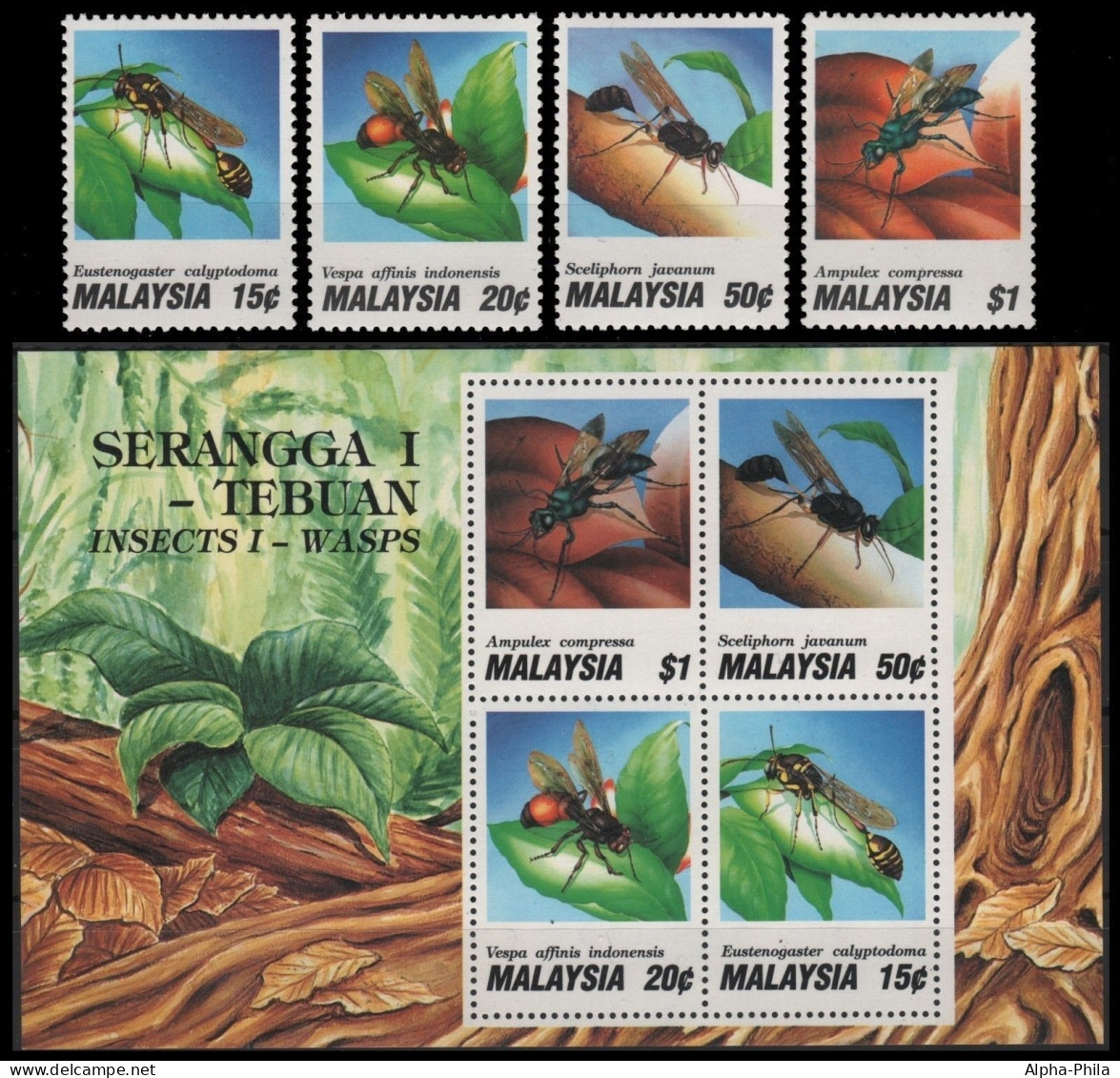 Malaysia 1991 - Mi-Nr. 443-446 & Block 5 C ** - MNH - Wespen / Whasps - Malaysia (1964-...)