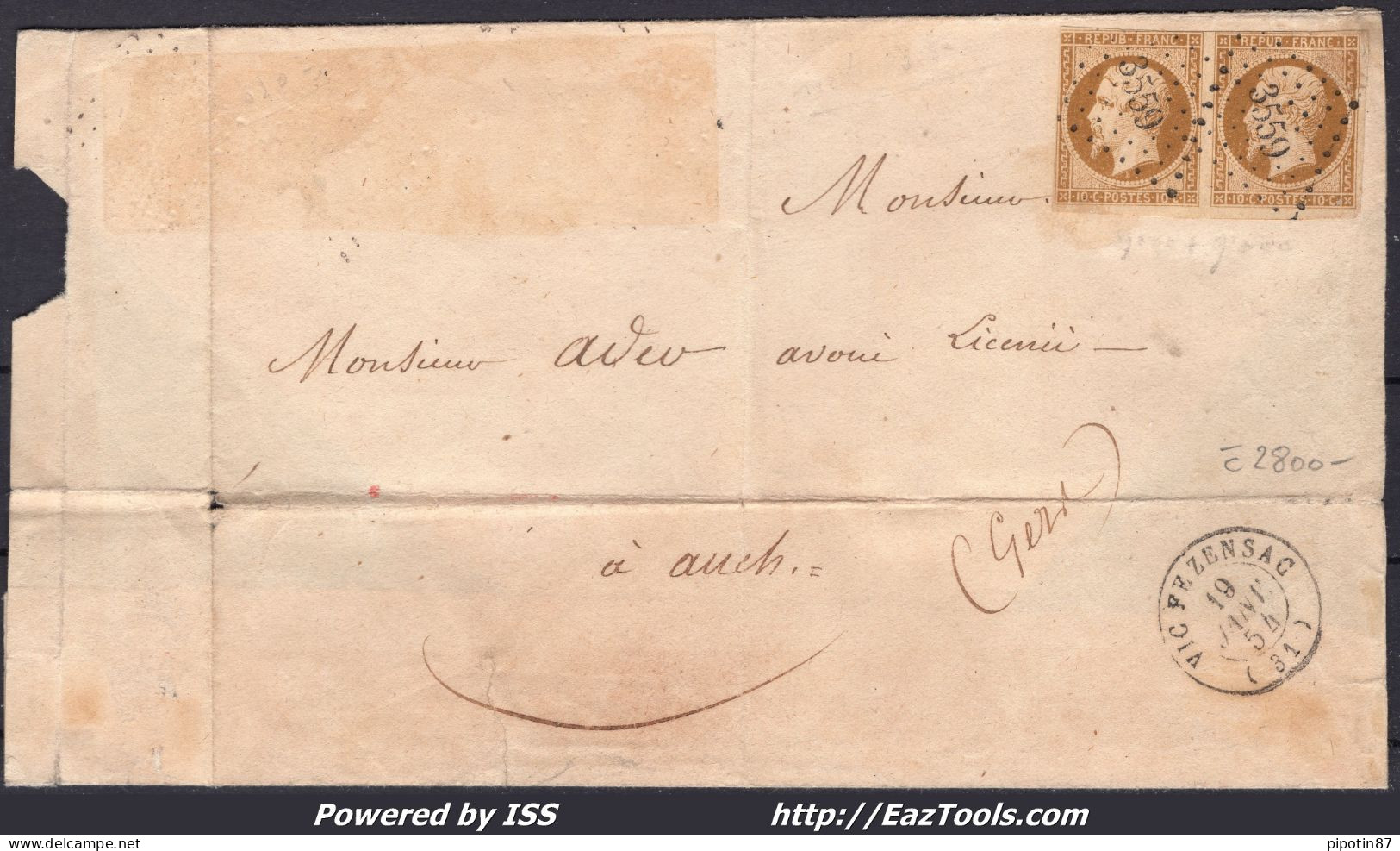 FRANCE PAIRE N°9 SUR LETTRE INCOMPLETE PC 3559 VIC FEZENSAC GERS DU 19/01/1854 - 1852 Luis-Napoléon