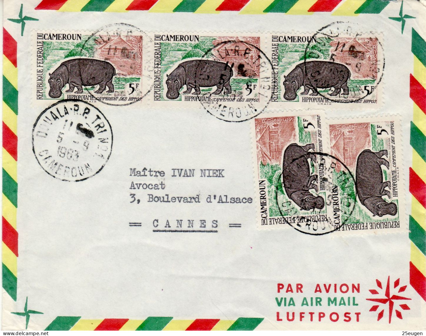 CAMEROON 1963 AIRMAIL LETTER SENT FROM DOUALA TO CANNES - Camerún (1960-...)