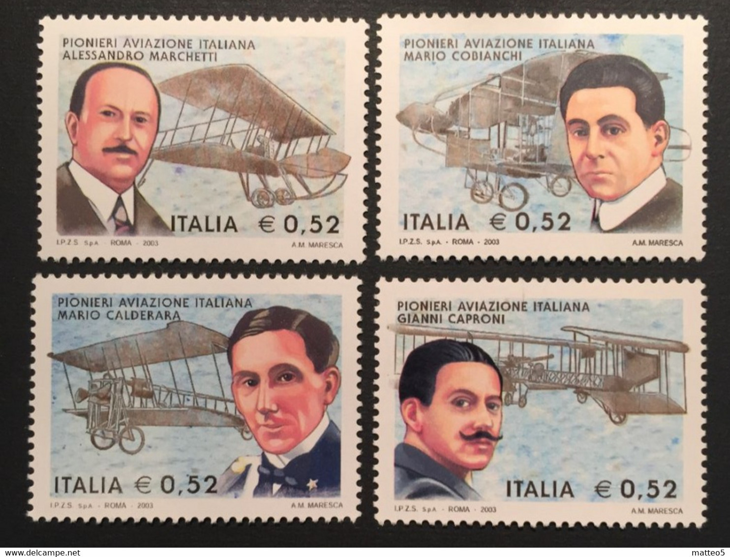 2003 - Italia - Pionieri Aviazione Italiana: G. Caproni, A. Marchetti, M. Cobianchi, M. Calderani - 4 Valori - 2001-10:  Nuevos