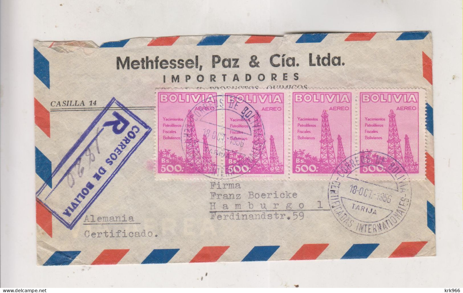 BOLIVIA 1956 TARIJA Registered Airmail Cover To Germany - Bolivia