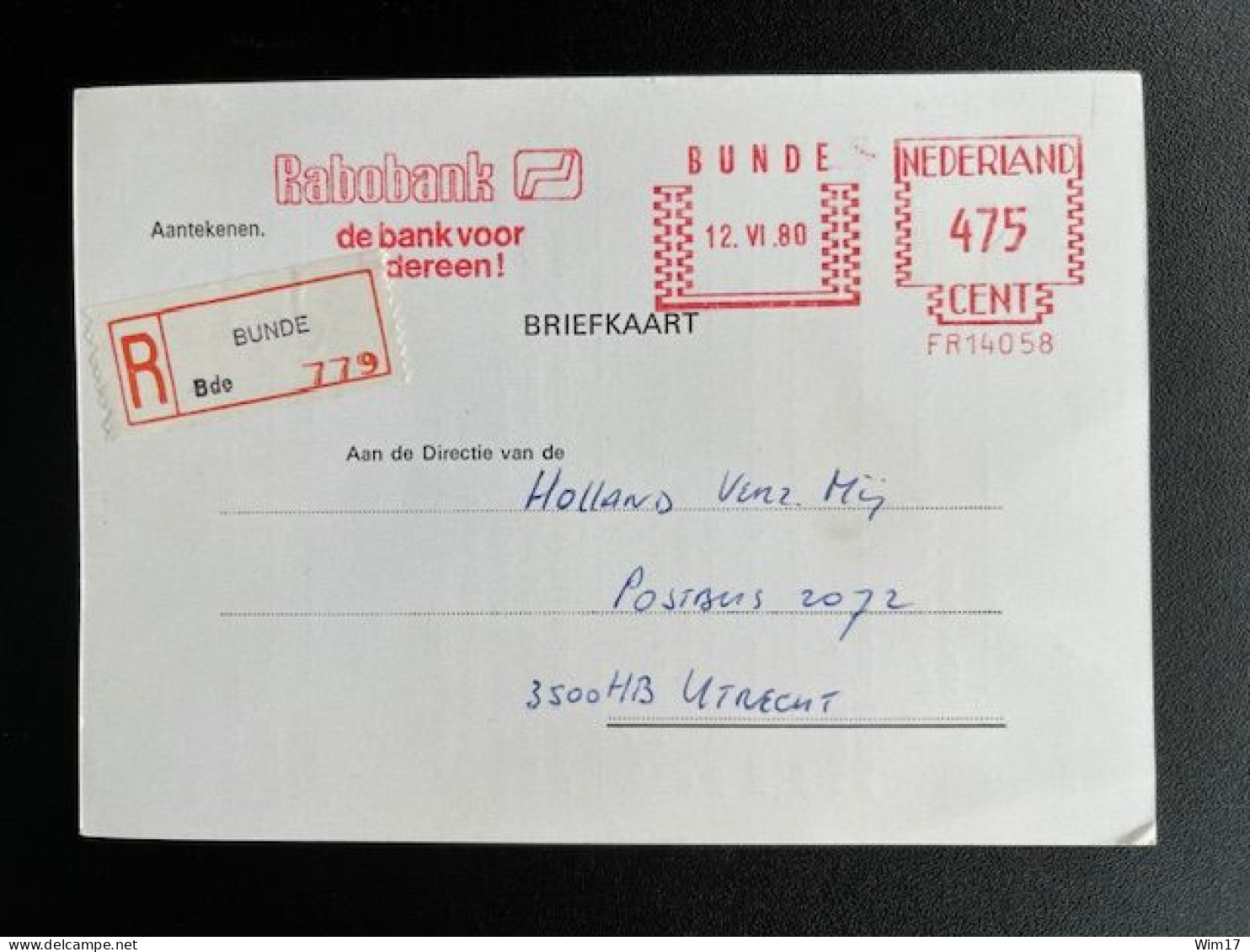 NETHERLANDS 1980 REGISTERED POSTCARD BUNDE TO UTRECHT 12-06-1980 NEDERLAND - Cartas & Documentos