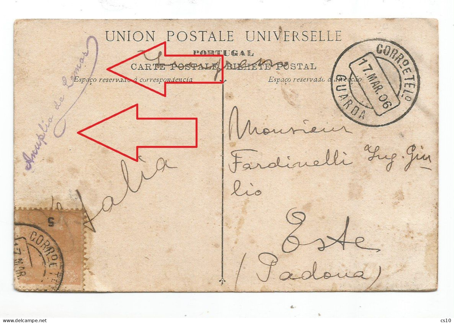 Anúplio De Lemos Assinatura Handsign On Pcard Sé Da Guarda (BEIRA) N.1 On 17mar1906 X Italy With C5+c5 - 4 Scans !!!!!!! - Guarda