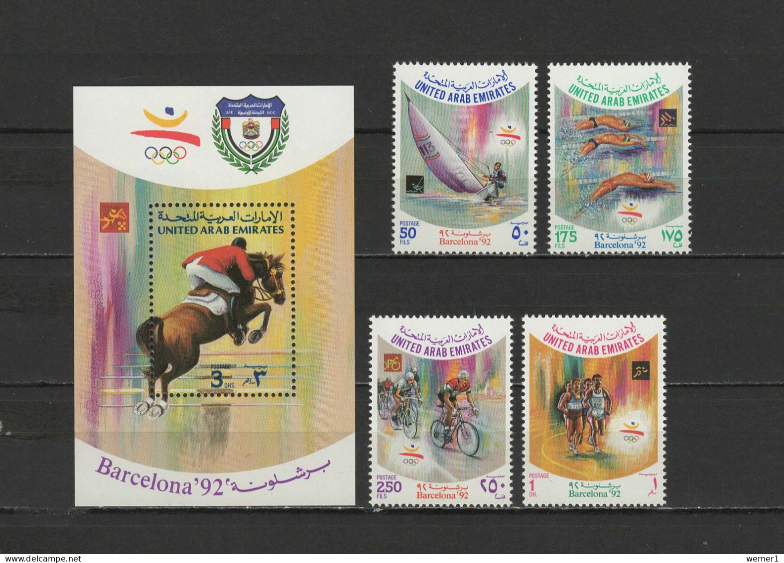 UAE United Arab Emirates 1992 Olympic Games Barcelona, Equestrian, Sailing, Cycling Etc. Set Of 4 + S/s MNH - Sommer 1992: Barcelone