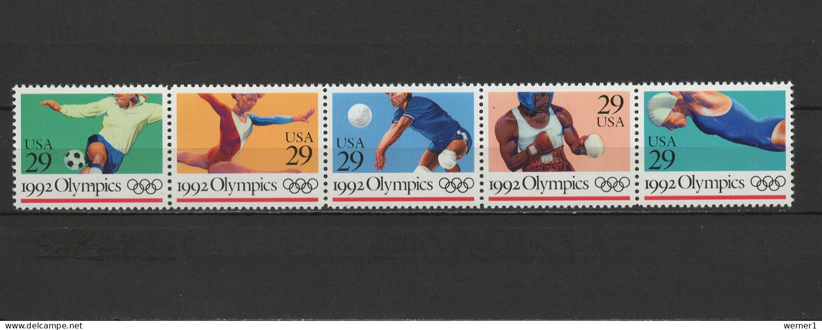 USA 1992 Olympic Games Barcelona, Football Soccer, Volleyball, Boxing Etc. Strip Of 5 MNH - Zomer 1992: Barcelona