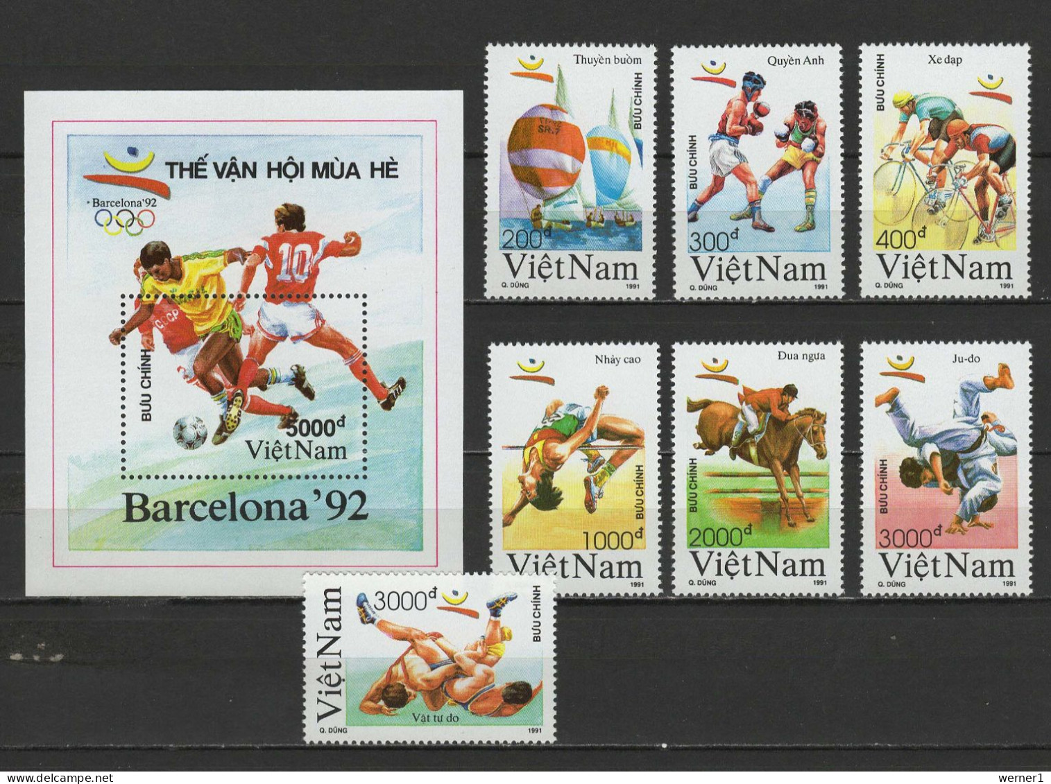 Vietnam 1991 Olympic Games Barcelona, Football Soccer, Cycling, Judo, Equestrian Etc. Set Of 7 + S/s MNH - Sommer 1992: Barcelone