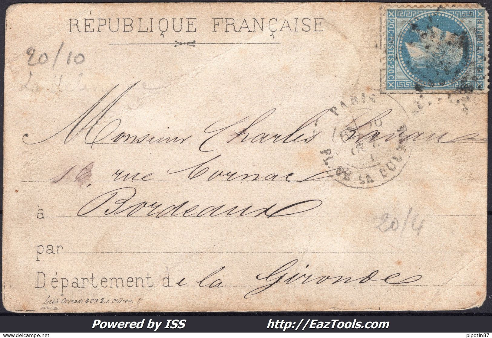 FRANCE N°29B SUR CP PAR BALLON MONTÉ AVEC CACHET ETOILE 1 + CAD DU 30/10/1870 - 1863-1870 Napoléon III Con Laureles