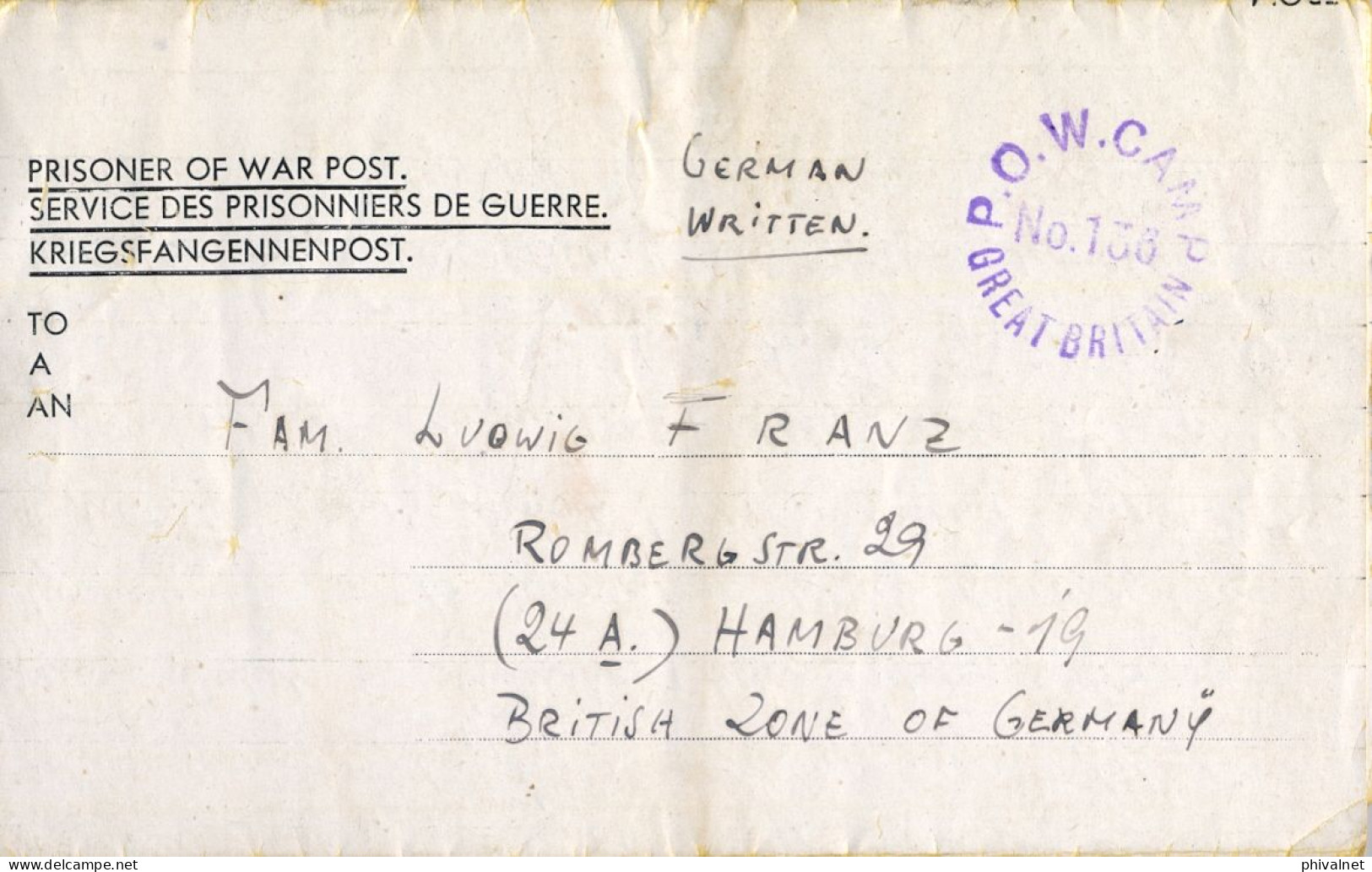 1946 , P.O.W. CAMP - WELTON HOUSE , GREAT BRITAIN , PRISONER OF WAR POST , CIRCULADO A HAMBURGO - Covers & Documents