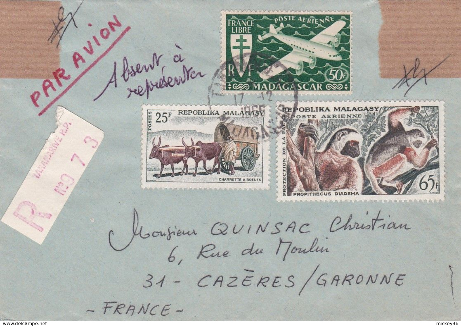 Madagascar--1966--lettre Recommandée De TANANARIVE  Pour CAZERES-31...timbres Recto-verso ..cachet  17-6-1966 - Madagaskar (1960-...)