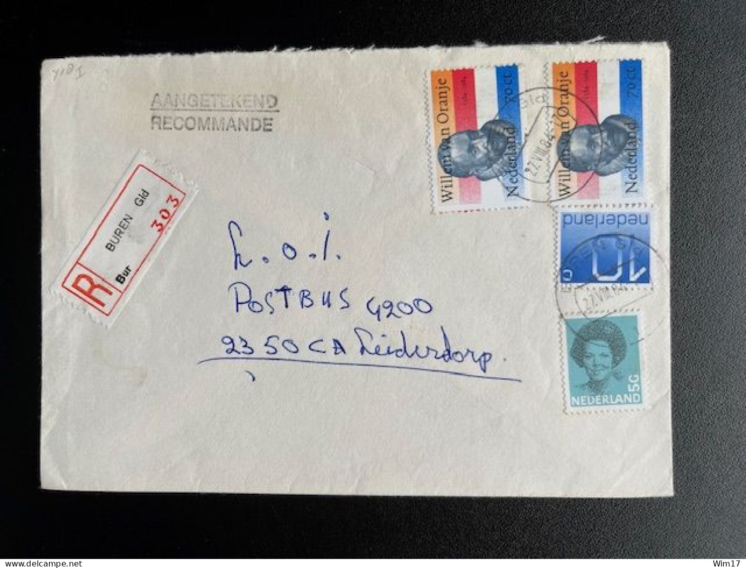 NETHERLANDS 1984 REGISTERED LETTER BUREN (GLD) TO LEIDERDORP 27-08-1984 NEDERLAND - Storia Postale