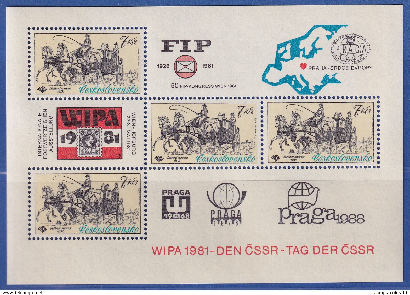 Tschechoslowakei 1981 Briefmarkenausstellung WIPA Wien Mi.-Nr. Block 44 ** - Autres & Non Classés