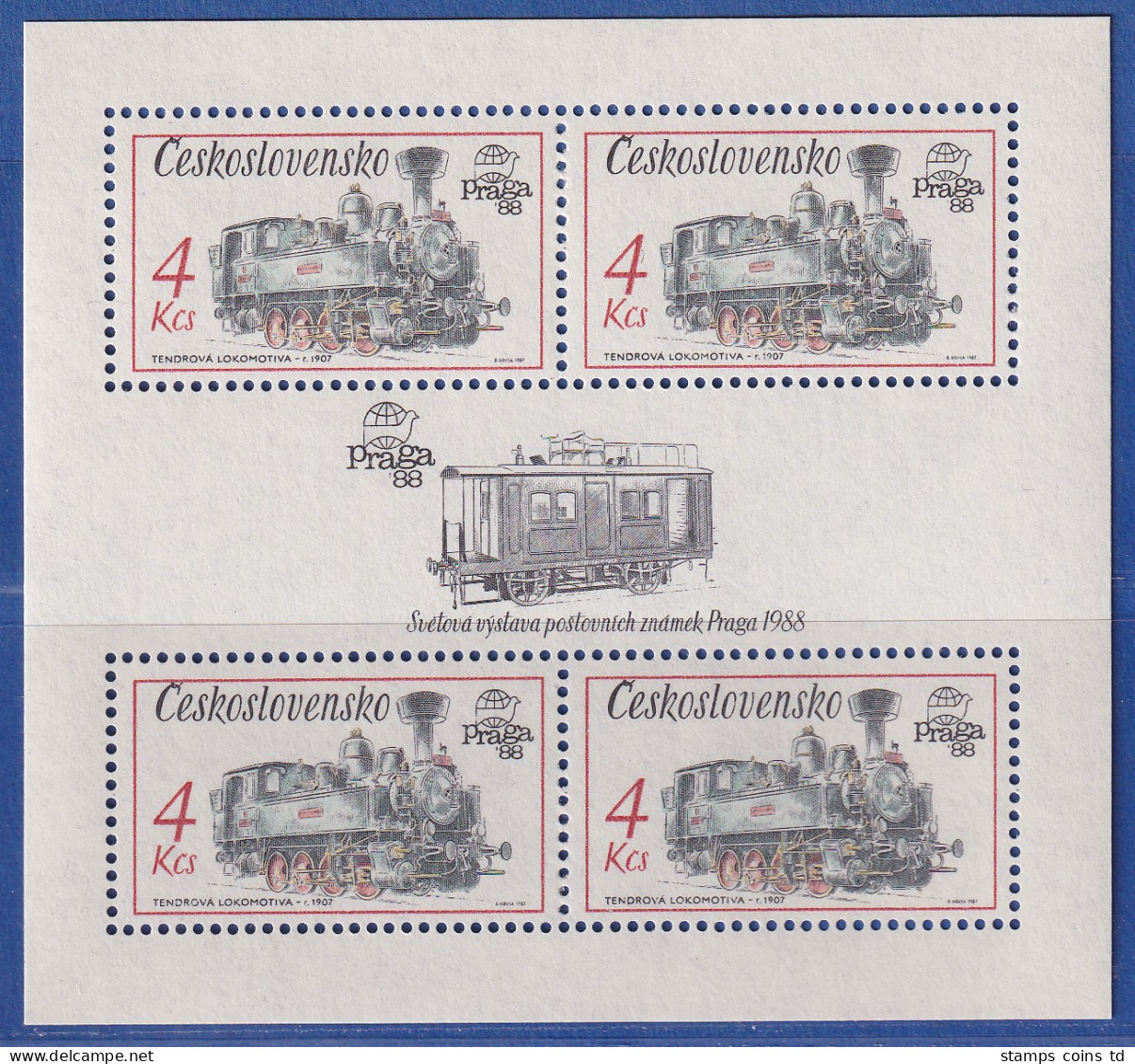 Tschechoslowakei 1987 Briefmarkenausstellung Prag Lokomotiven Mi.-Nr. Block 71** - Altri & Non Classificati