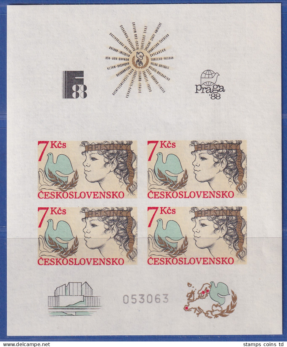 Tschechoslowakei 1988 Briefmarkenausstellung Helsinki - Prag Mi.-Nr. Block 83 ** - Altri & Non Classificati
