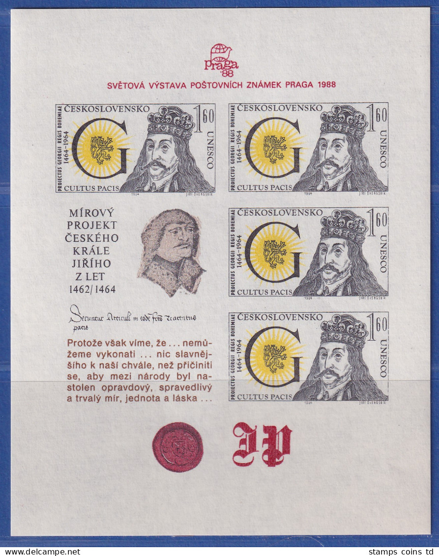 Tschechoslowakei 1988 Briefmarkenausstellung Prag König Georg Mi.-Nr. Block 90** - Altri & Non Classificati