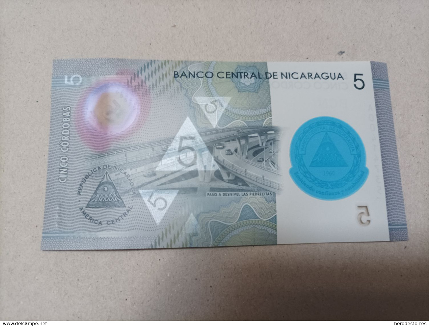 Billete Nicaragua, 5 Córdobas, Año 2019, Numero Bajo, Serie A00414735, UNC - Nicaragua