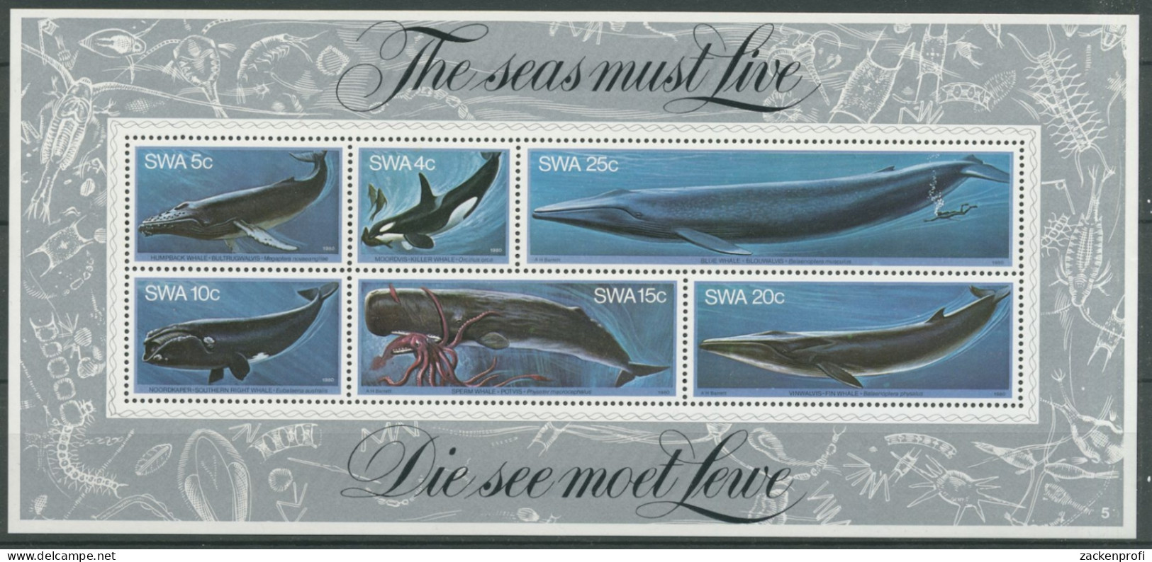 Südwestafrika 1980 Wale Blauwal Buckelwal Pottwal Block 5 Postfrisch (C25185) - Südwestafrika (1923-1990)