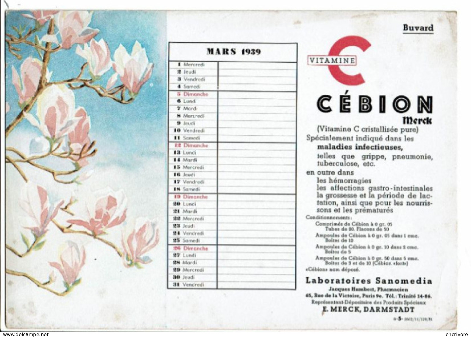 Buvard Calendrier SANOMEDIA Eucodal Mars  1939 Magnolia - Droguerías