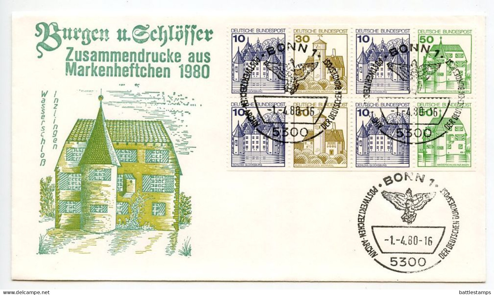 Germany, West 1980 FDC Scott 1231b Booklet Pane Of 8 - Castles & Palaces Definitives - 1971-1980