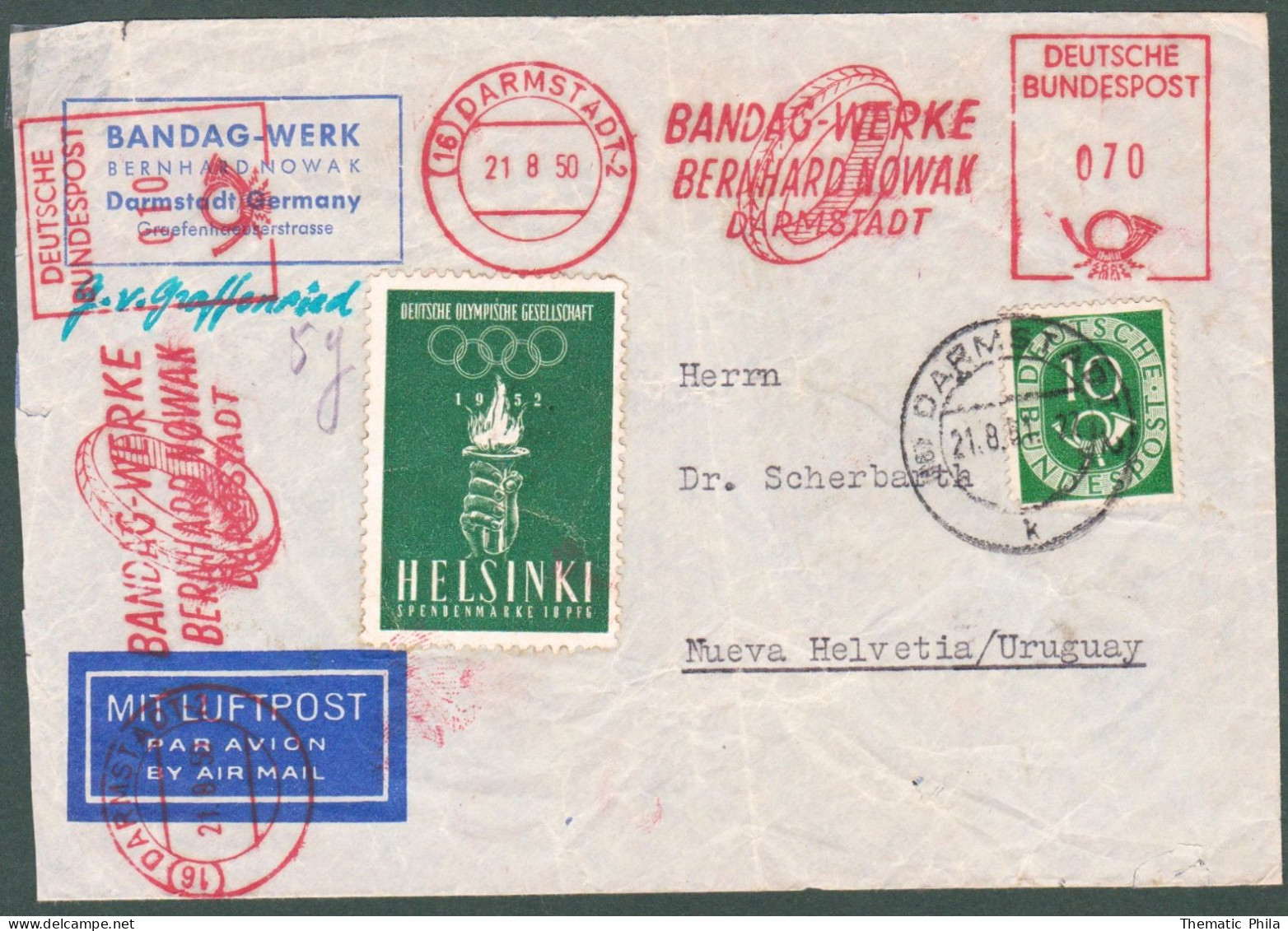 1950 Germany Cover To Nueva Helvetia/Uruguay Meter "bandag Werke" Vehicles Wheels - Label Olympic Games Helsinki 1952 - Sommer 1952: Helsinki