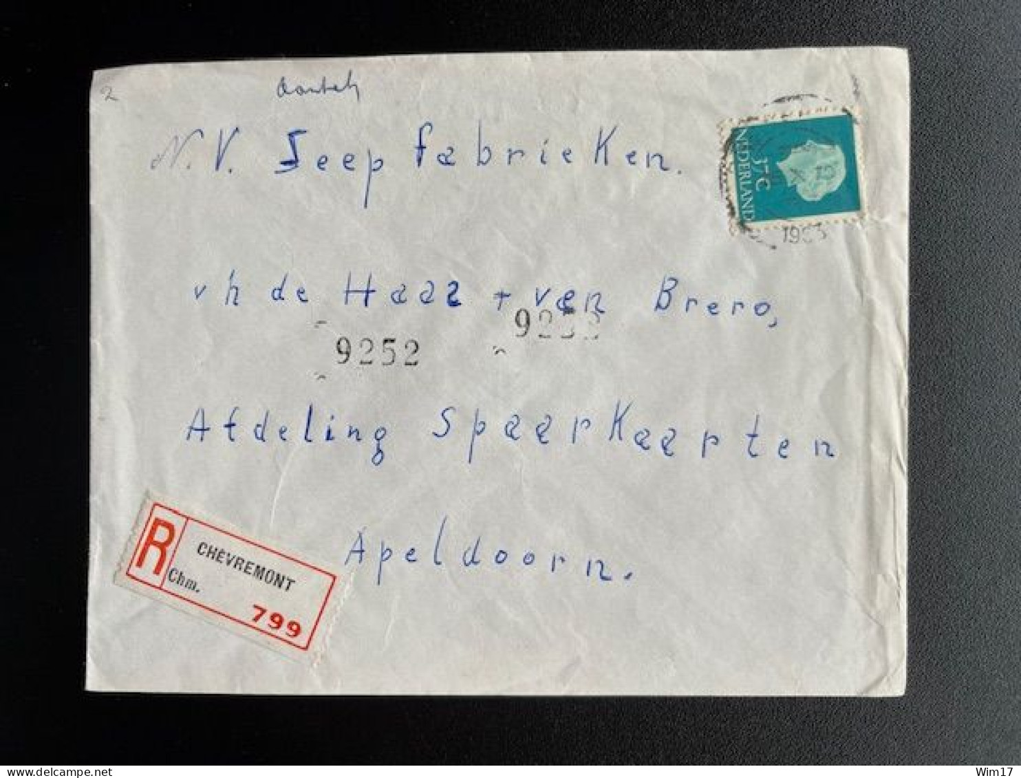 NETHERLANDS 1963 REGISTERED LETTER CHEVREMONT TO APELDOORN 15-10-1963 NEDERLAND - Storia Postale