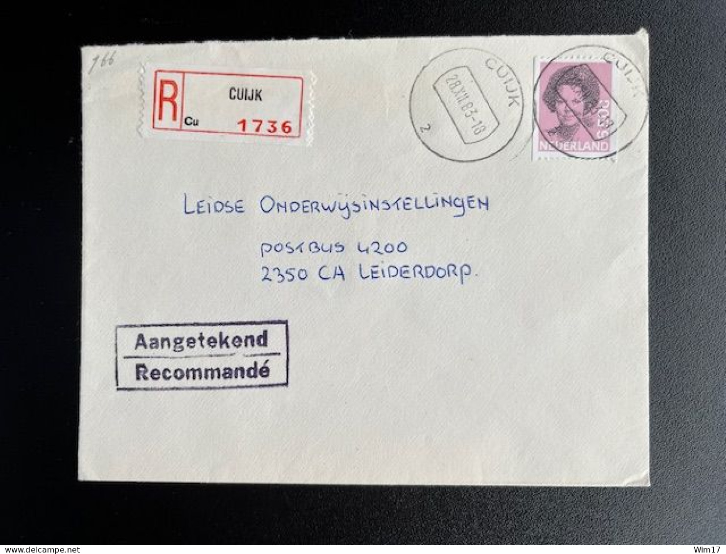 NETHERLANDS 1983 REGISTERED LETTER CUIJK TO LEIDERDORP 28-12-1983 NEDERLAND - Lettres & Documents