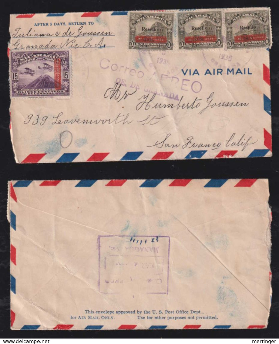 Nicaragua 1935 Airmail Cover Overprint Stamps GRANADA X SAN FRANCISCO USA - Nicaragua