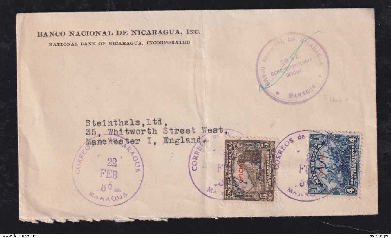 Nicaragua 1936 Cover Oficial Overprint MANAGUA X MANCHESTER England - Nicaragua