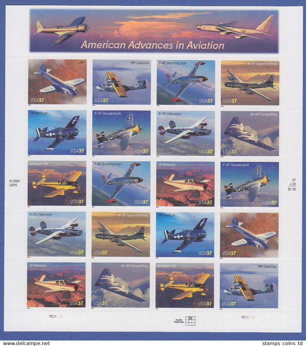 USA 2005: American Aviation , Mi.-Nr. 3944-53  20 Werte Im Folienbogen ** - Altri & Non Classificati