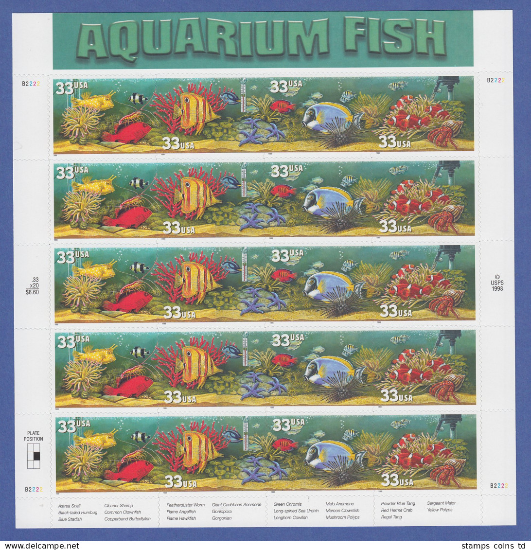 USA 1999 Aquarium Fische Mi.-Nr. 3140-3143  20 Werte Im Folienbogen **    - Altri & Non Classificati