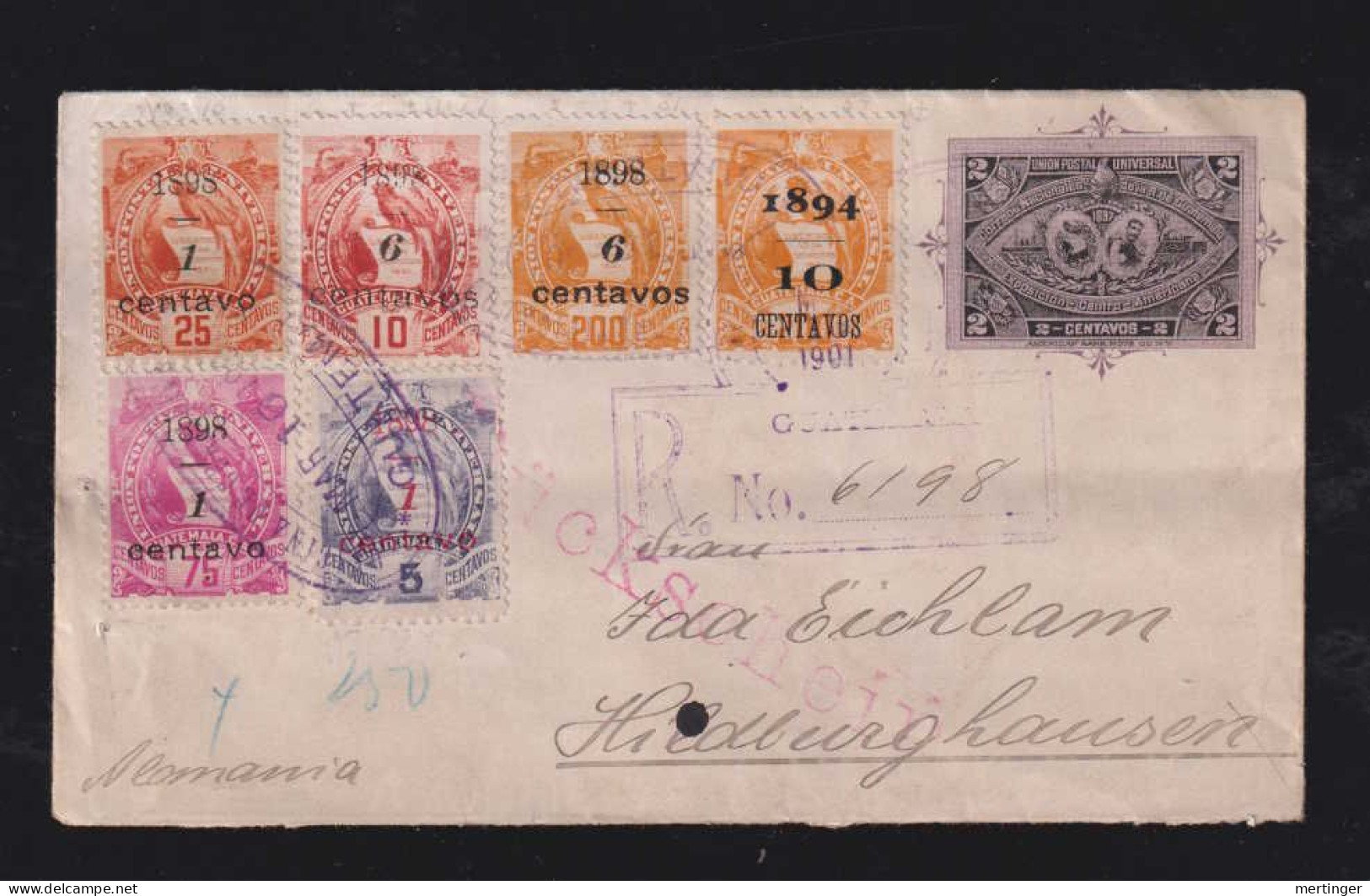 Salvador 1901 Uprated Registered Stationery Envelope HILDBURGHAUSEN Germany Overprint Stamps - Salvador