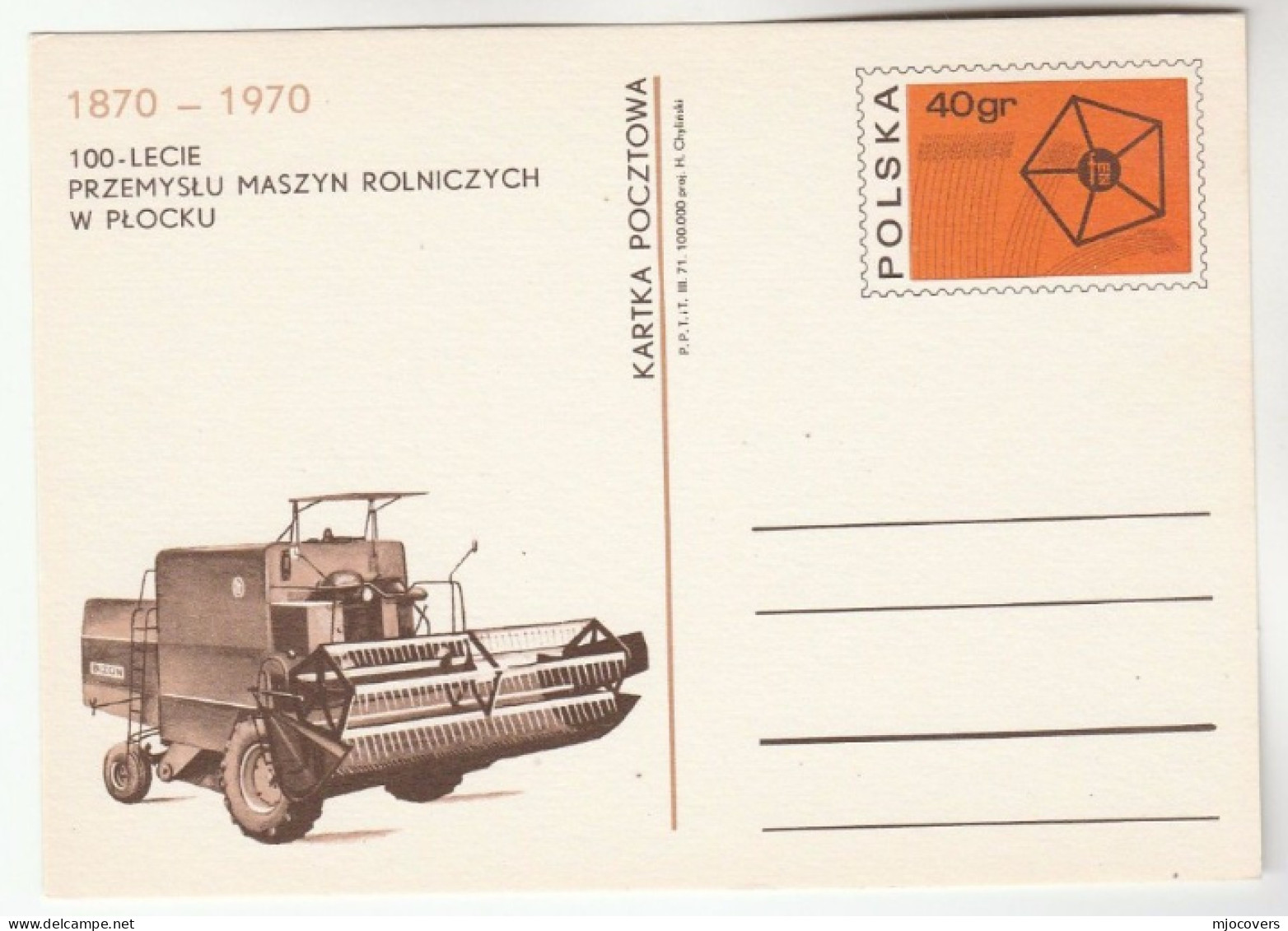 AGRICULTURAL MACHINERY Poland 1971 Illus POSTAL STATIONERY CARD Cover Stamps Farming Agriculture - Agricultura