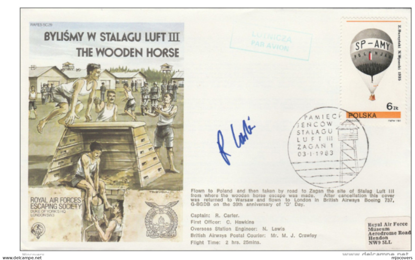 1983  D DAY Anniv SIGNED FLIGHT COVER POLAND Via ZAGAN  WWII  Stalag Luft III POW CAMP  To GB,  Aviation Stamps - 2. Weltkrieg