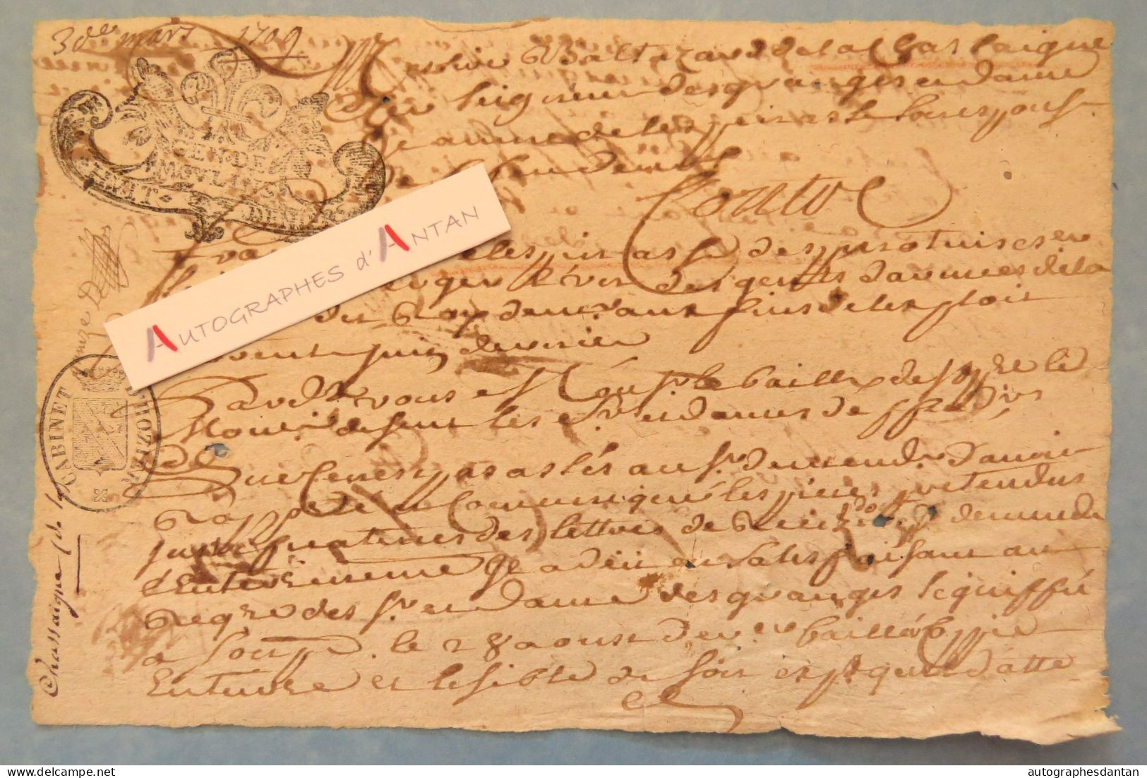 ● 1709 Généralité De MOULINS Cachet Cabinet D'Hozier - De La Chassaigne ? Dubord - Gebührenstempel, Impoststempel