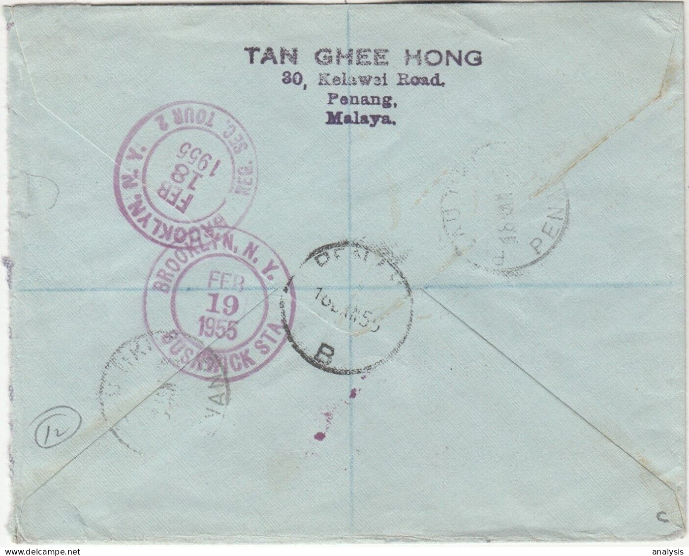 Malaya Penang Pulau Tikus Registered Cover Mailed To USA 1955. Postage Due. Malaysia - Penang