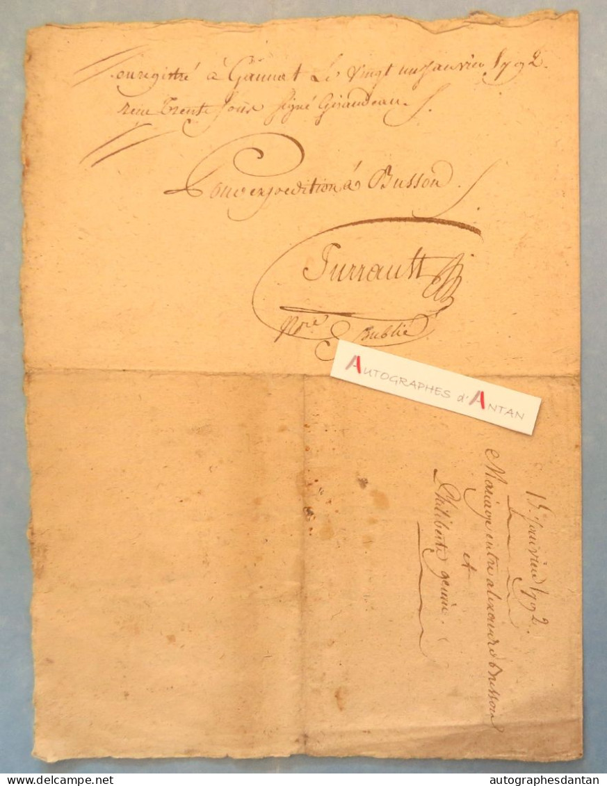 ● 1792 Mariage Al. BRESSON & Ph. GENIN Moulins Allier Gannat Busson Révolution Cachets Expédition 8 Sols - Manuscritos