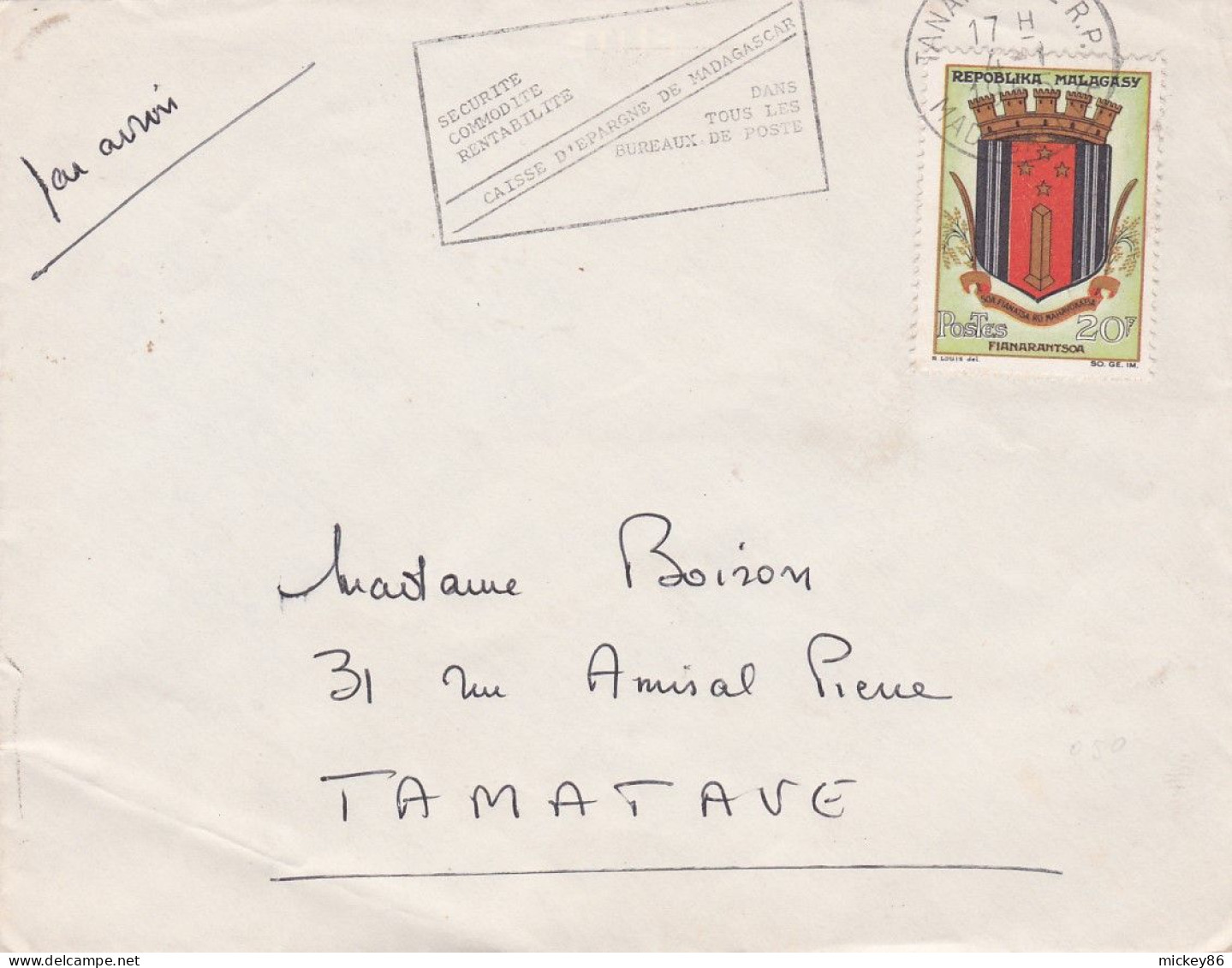 Madagascar --1965--lettre TANANARIVE Pour TAMATAVE..timbre Blason  Seul Sur Lettre - Madagascar (1960-...)