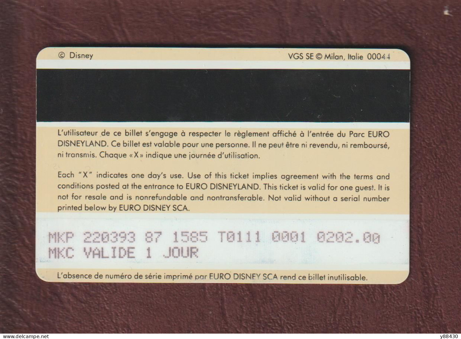 EURO DISNEYLAND - PARIS - Passeport D'entrée Au Parc - 2 Scannes. Recto & Verso - Tickets D'entrée