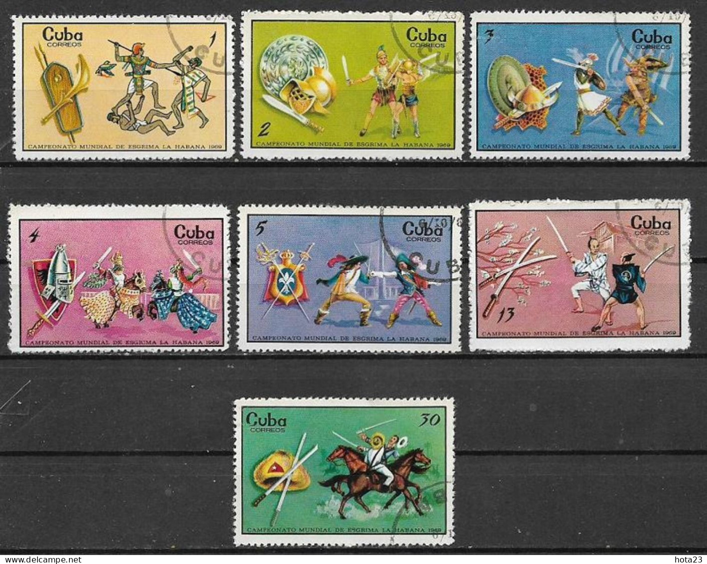 Cuba 1969 .WORLD FENCING CHAMPIONSHIP - ANCIENT KNIGHTS ,HORSE  YVERT. 1319-1325 USED - Gebruikt