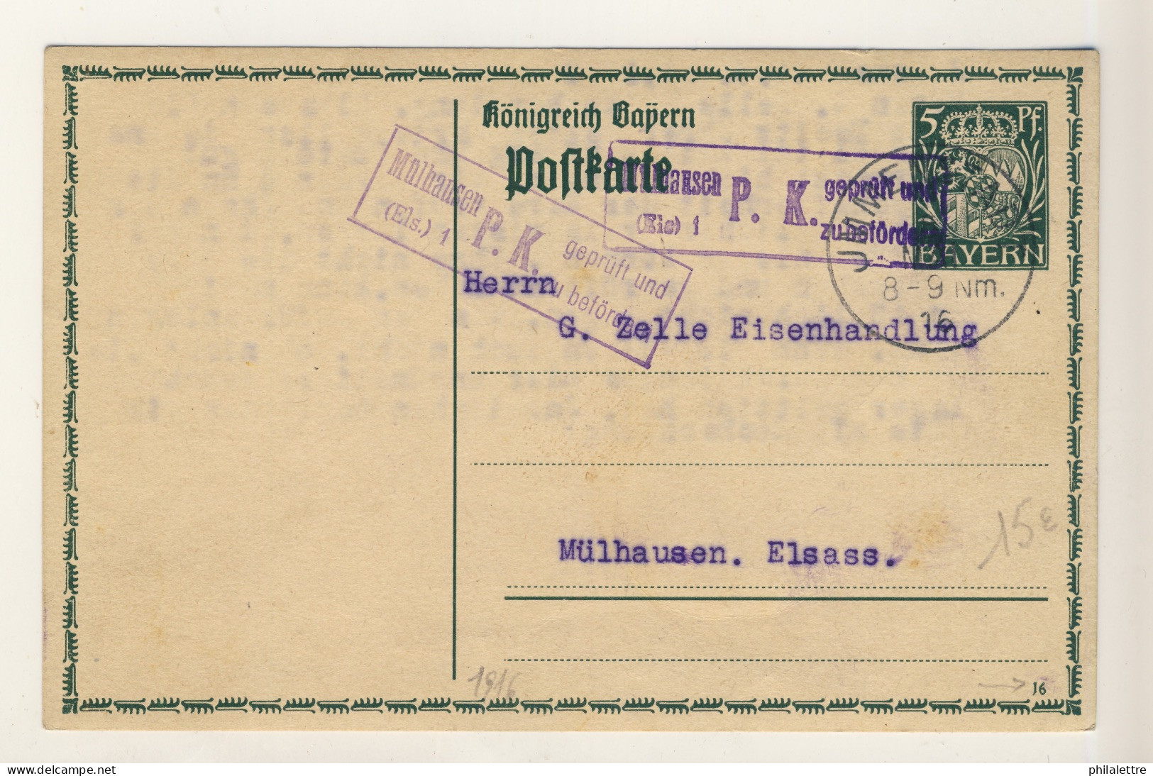 BAVIÈRE / BAYERN - 1916 Cachet De Censure "Mülhausen (Els.) 1" Sur Carte 5pf Adressée D' JMMENSTADT à MULHOUSE, Alsace - Brieven En Documenten