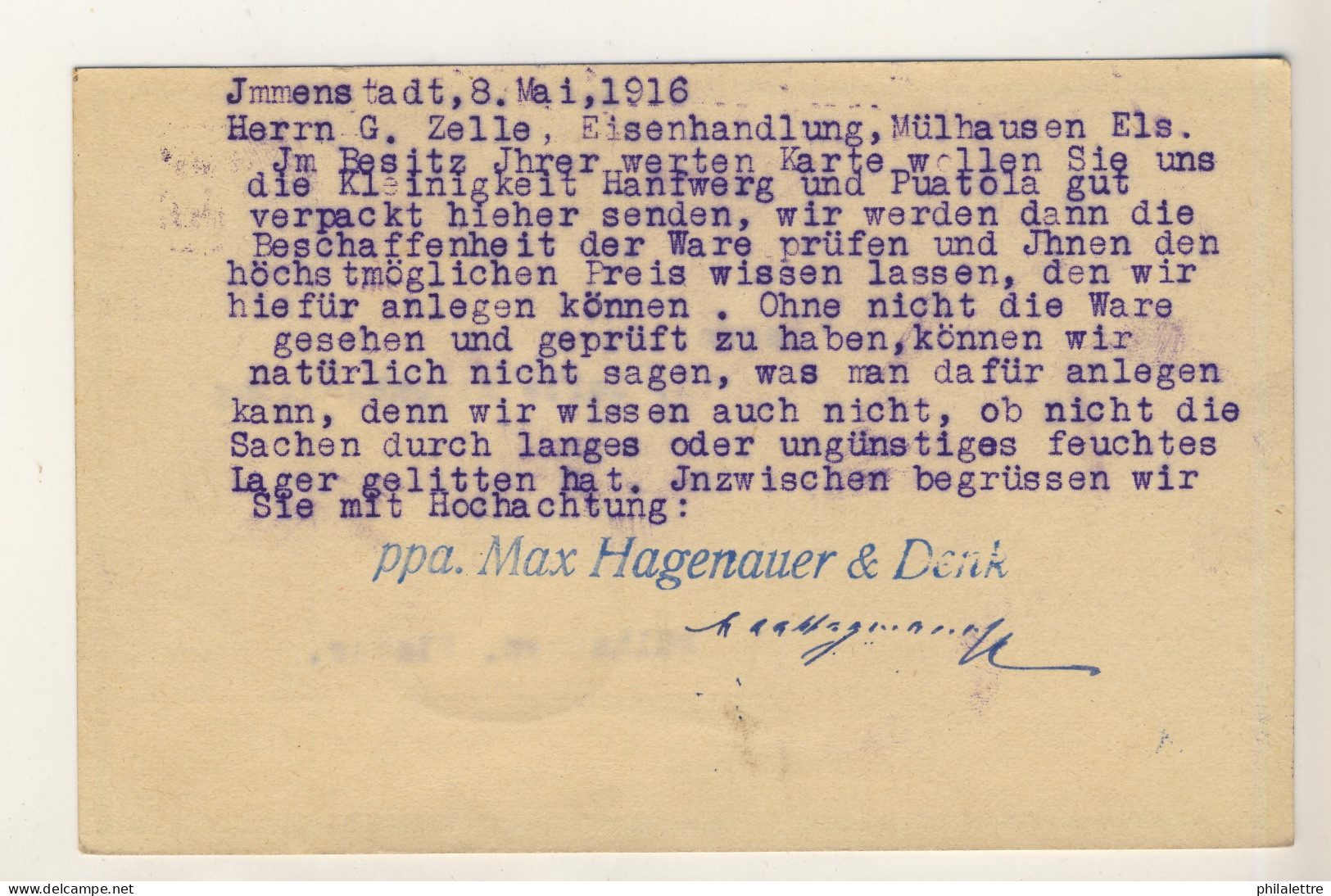 BAVIÈRE / BAYERN - 1916 Cachet De Censure "Mülhausen (Els.) 1" Sur Carte 5pf Adressée D' JMMENSTADT à MULHOUSE, Alsace - Covers & Documents