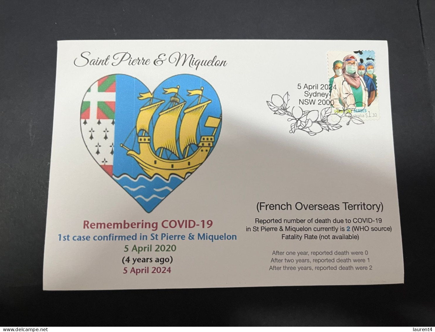 5-4-2024 (1 Z 7) COVID-19 4th Anniversary - Saint Pierre & Miquelon (Fr) - 5 April 2024 (with OZ Covid-19 Doctor Stamp) - Maladies