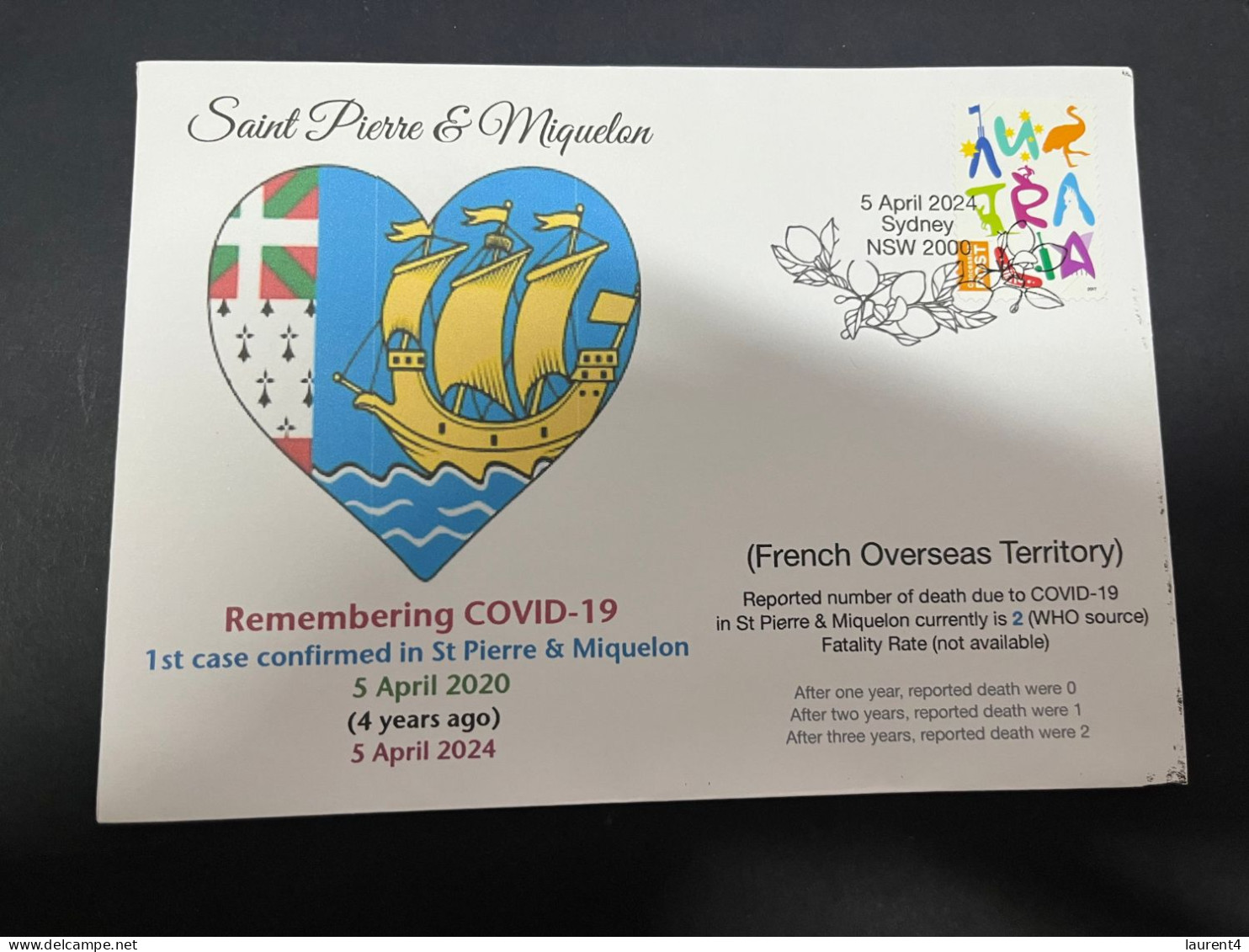 5-4-2024 (1 Z 7) COVID-19 4th Anniversary - Saint Pierre & Miquelon (Fr) - 5 April 2024 (with OZ Stamp) - Maladies