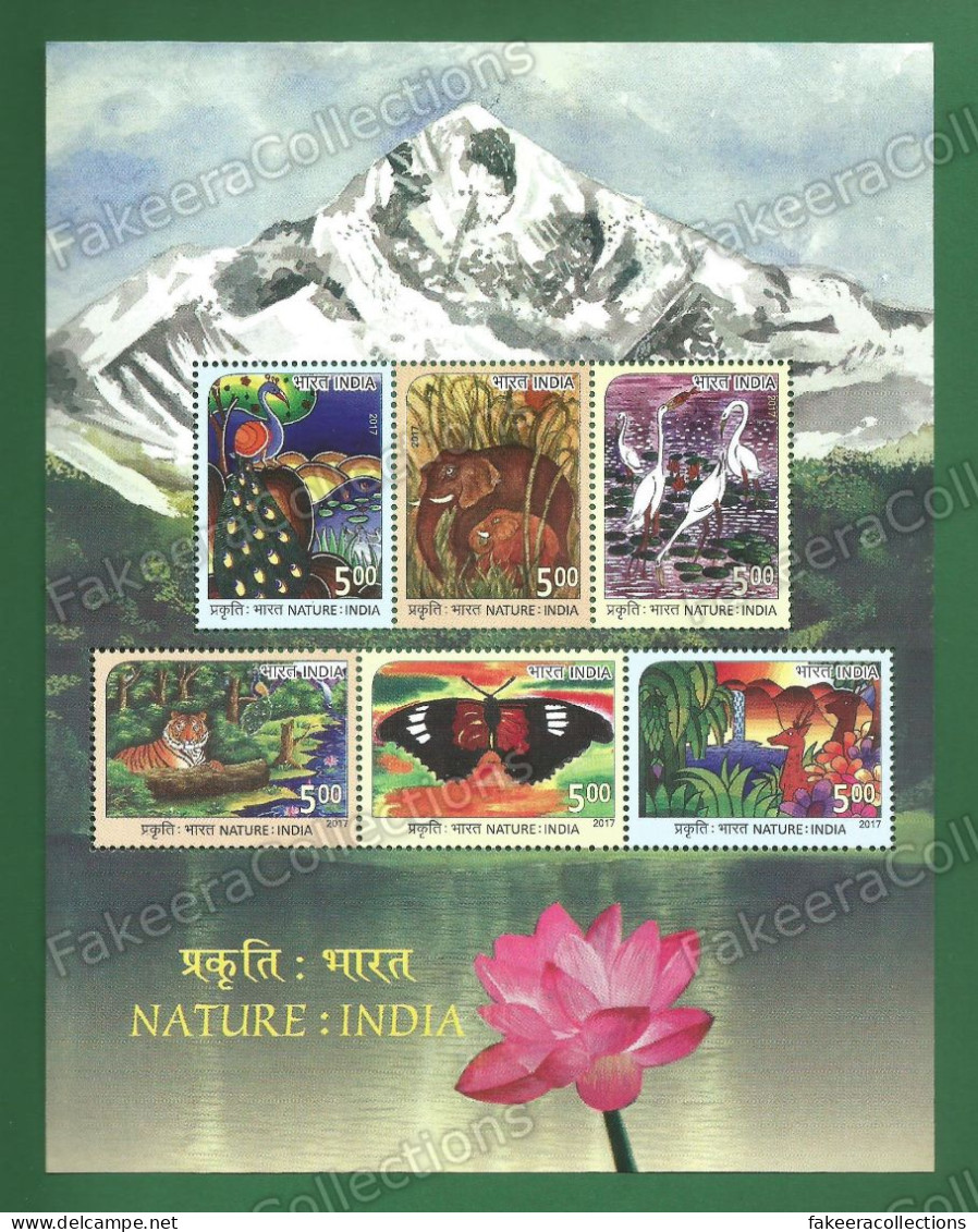 INDIA 2017 Inde Indien - NATURE - 6v Miniature Sheet MNH ** - Peacocks, Elephants, Cranes, Tiger, Butterflies, Deer - Pavos Reales