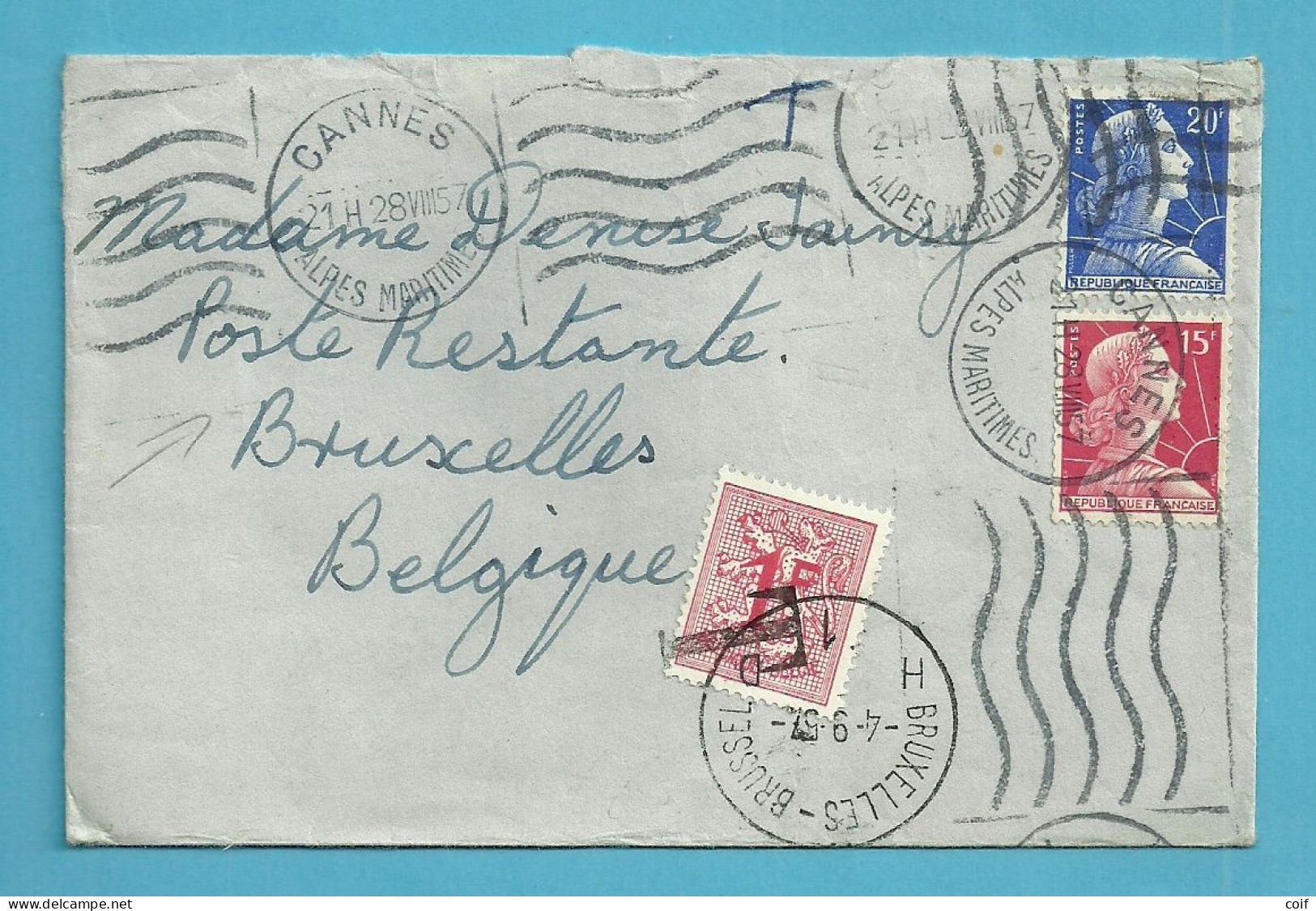 Brief Verzonden Van "CANNES / FRANCE" Naar "Poste Restante BRUXELLES" , Zegel 859 Met T-stempel Aangebracht - Brieven En Documenten