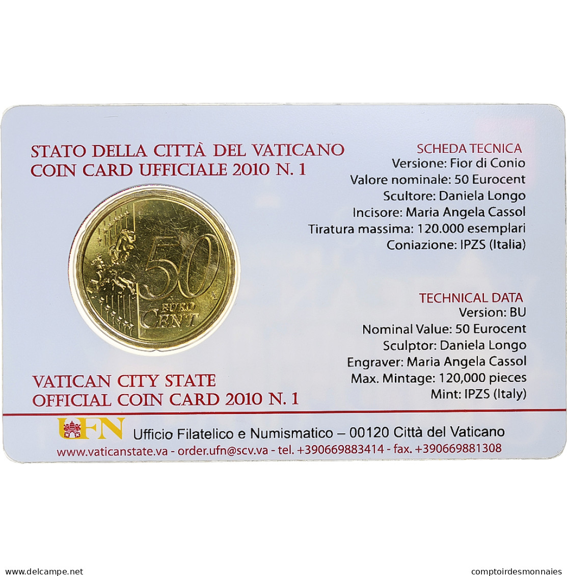 Vatican, 50 Euro Cent, Pape Benoit XVI, Coin Card.FDC, 2010, Rome, Or Nordique - Vatican