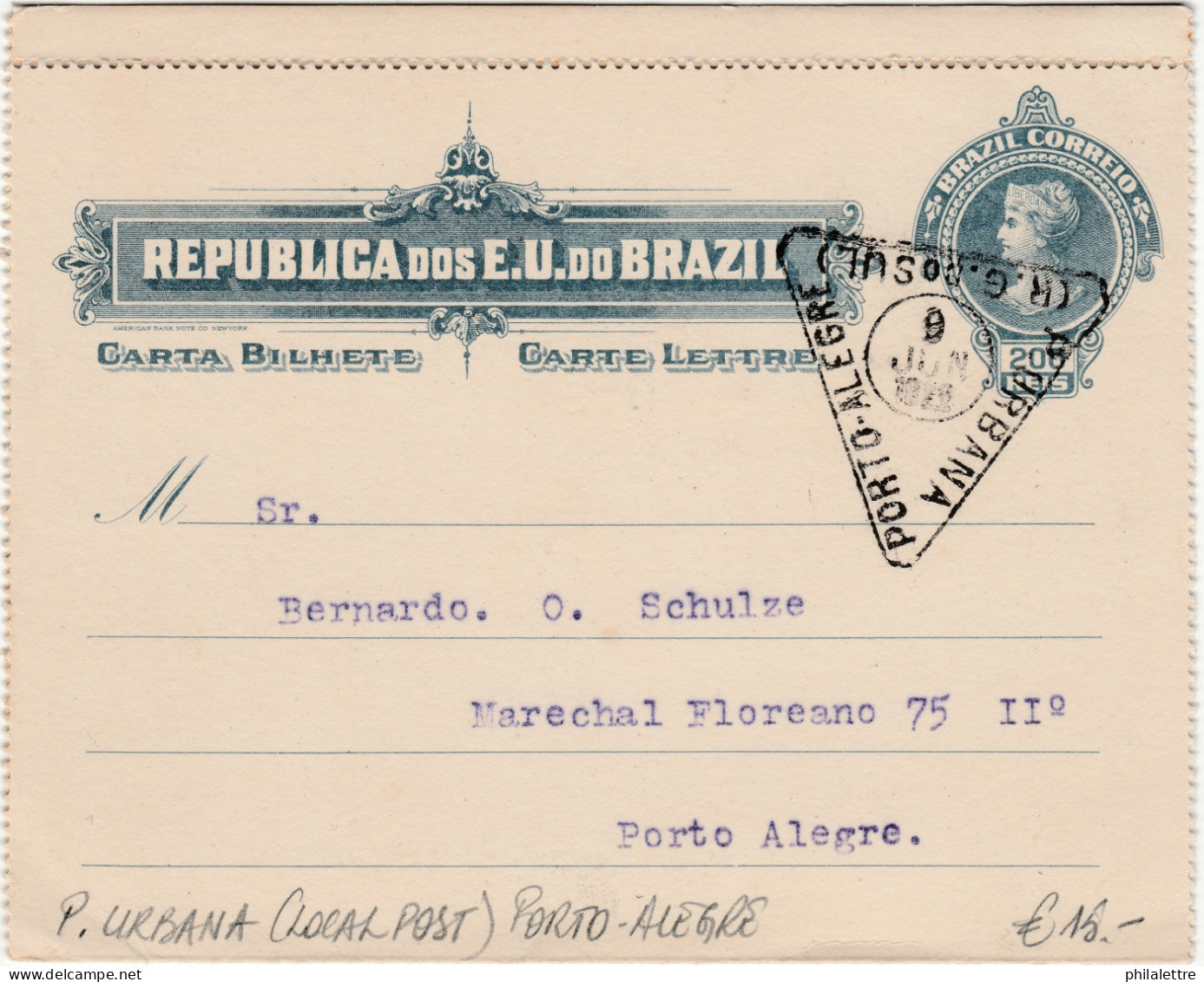 BRAZIL 1922 200 Reis Letter-Card Used In PORTO-ALEGRE Cancelled "P. URBANA" (City Post) - Storia Postale